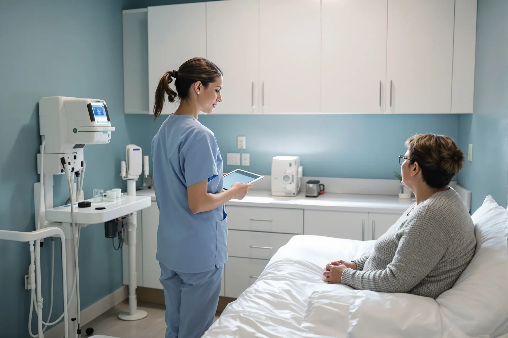 Illustrative photo: a clinician with a tablet talking with a patient in an exam room