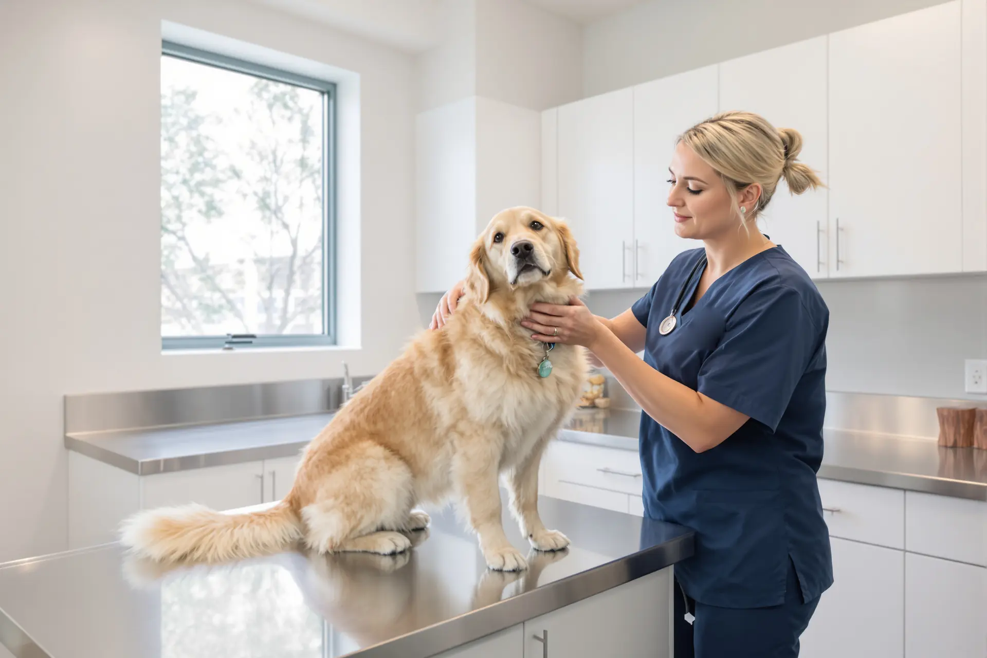 Illustrative photo: a veterinarian examining a golden retriever on an exam table