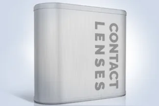 Silver contact lens case box with bold vertical text design