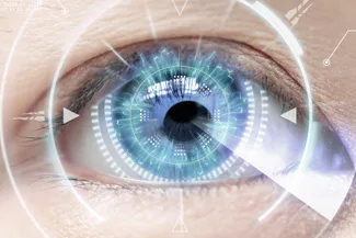 Futuristic scan over blue eye symbolizing LASIK eye surgery